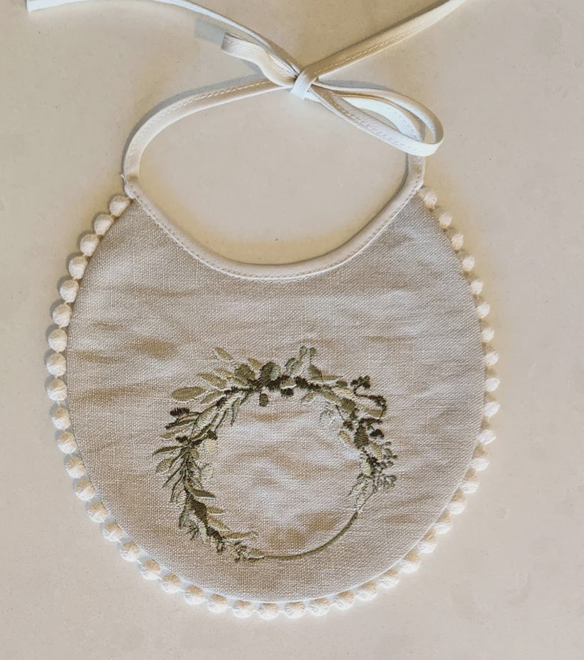 Small Dreams Embroidered Baby Bib Eucalyptus & Olive Wreath