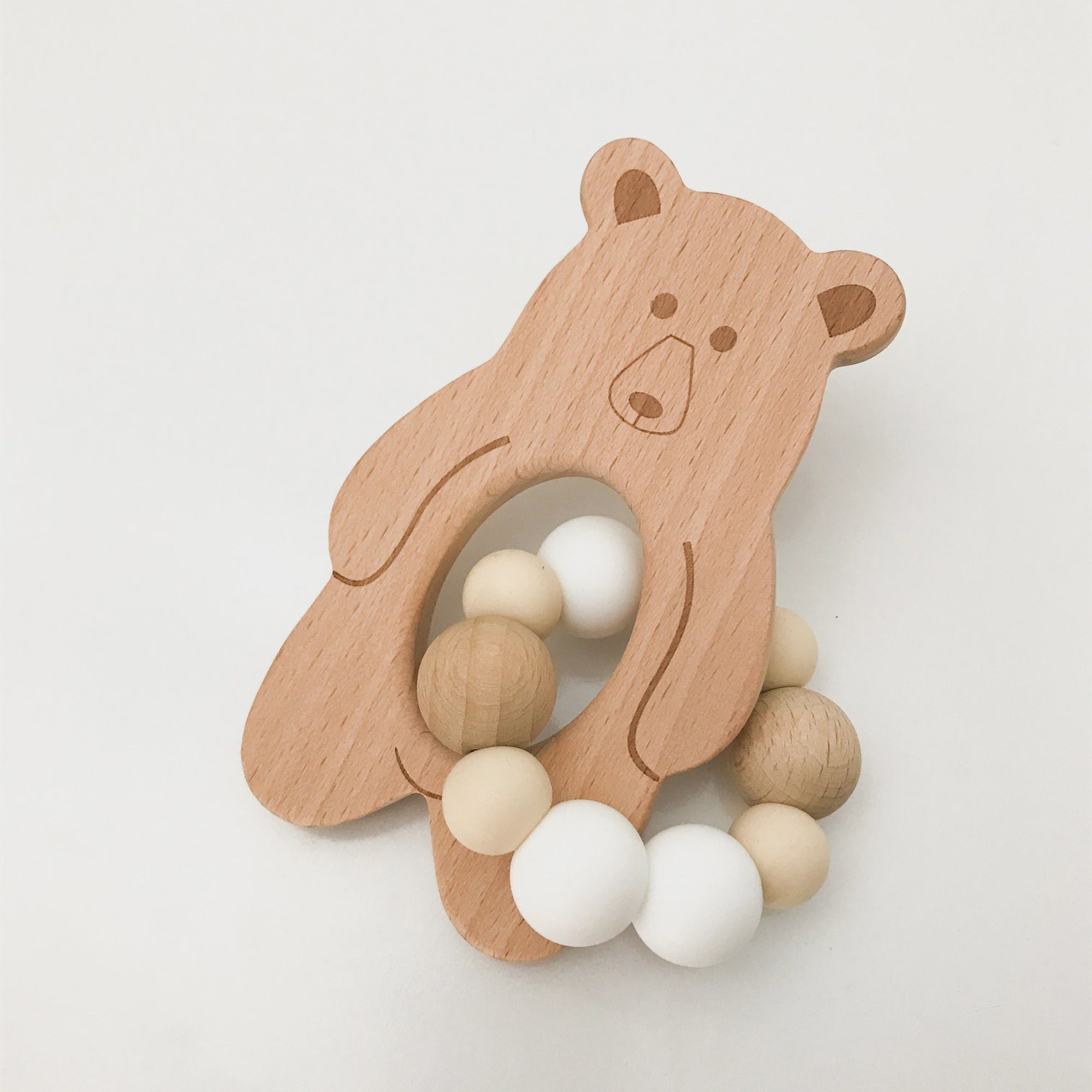 One Chew Three Silicone & Beechwood Teether Bear Natural White