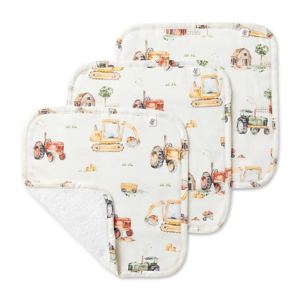 Snuggle Hunny Organic Wash Cloths 3pk Diggers & Tractors