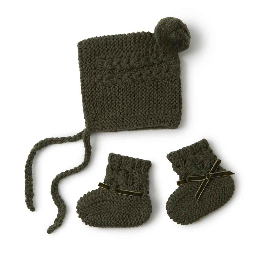 Snuggle Hunny Merino Wool Bonnet Booties Set Olive