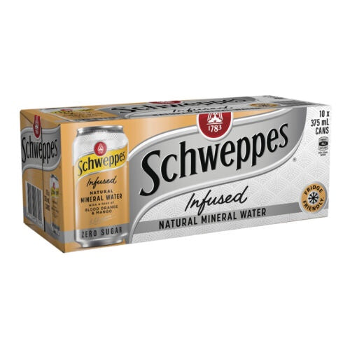 Schweppes Mineral Water Blood Orange & Mango Zero Sugar Cans 10x375ml