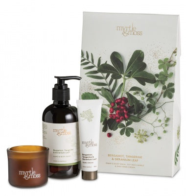 Myrtle & Moss Bergamot Body Wash, Mini Candle & Handcream Trio